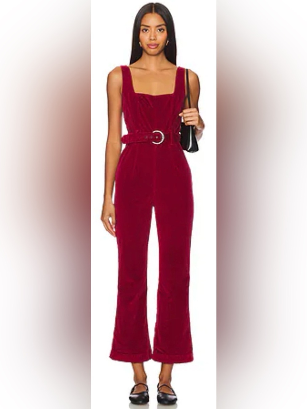 Free People Party Starter Jumpsuit Velvet Corduroy Flare in Holly Berry Red